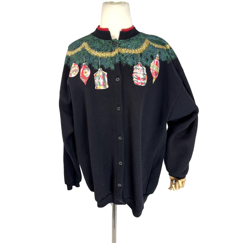 Vtg Orvis Christmas Sweatshirt Womens Size XXL Black Ornament Snap Front Cotton